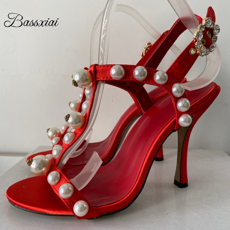 Strappy Heeled Sandals - Sandal Hak Stiletto T-Strap Dekorasi Mutiara